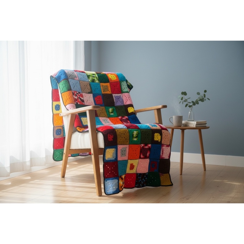 Vintage Handmade Granny Square Crochet Afghan Blanket Multicolor 40" Retro Boho